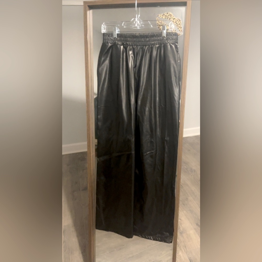 FAUX leather pants elastic waist band wide leg size large great fit